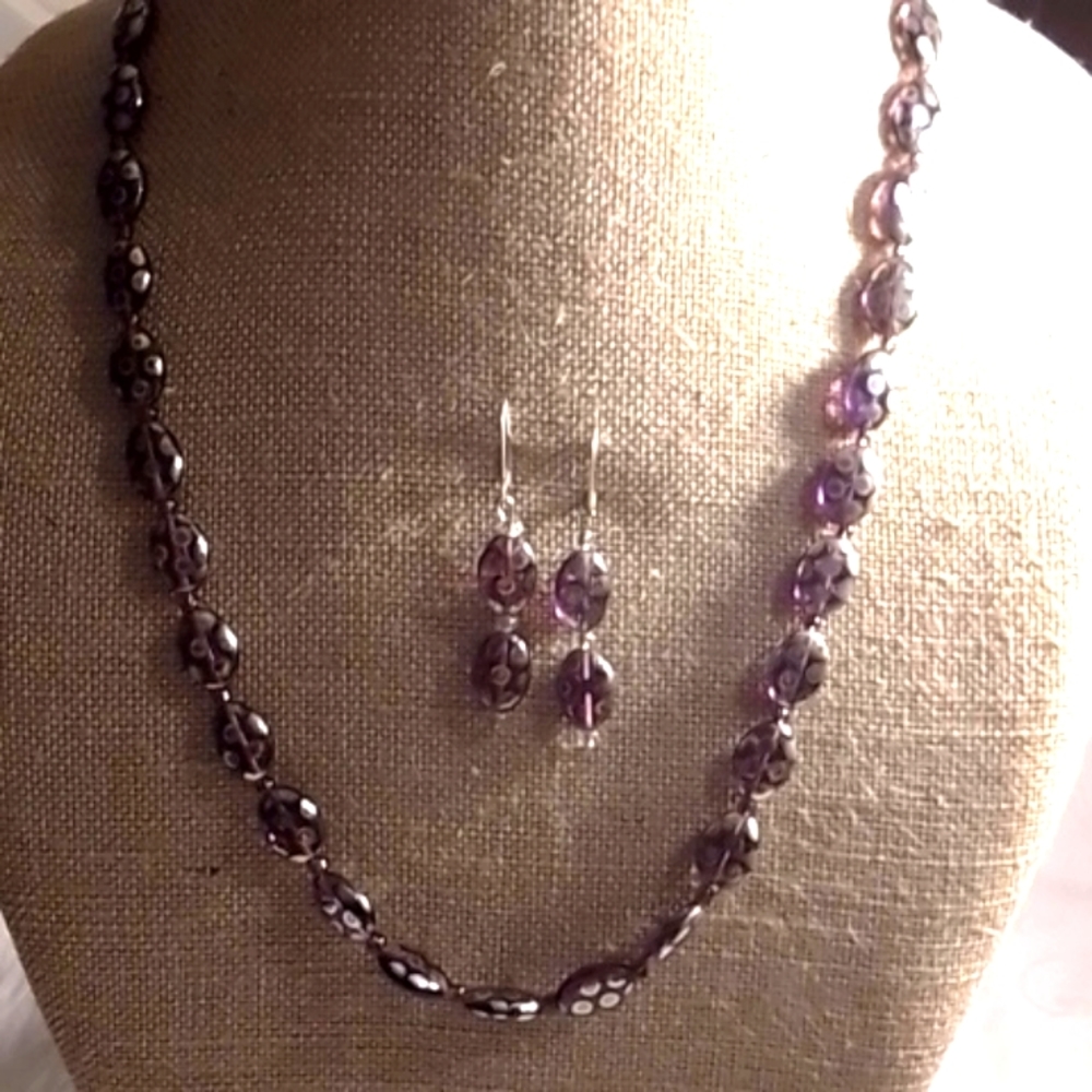 Purple Oval Glass Bead Iridescent Design Necklace And Earrings
